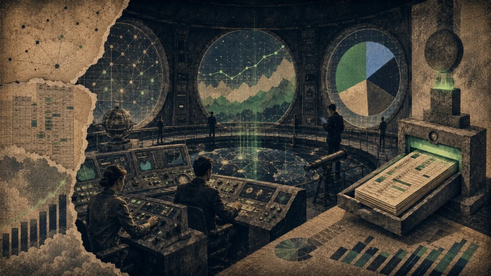 Editorial collage: observatory control room for campaign analytics