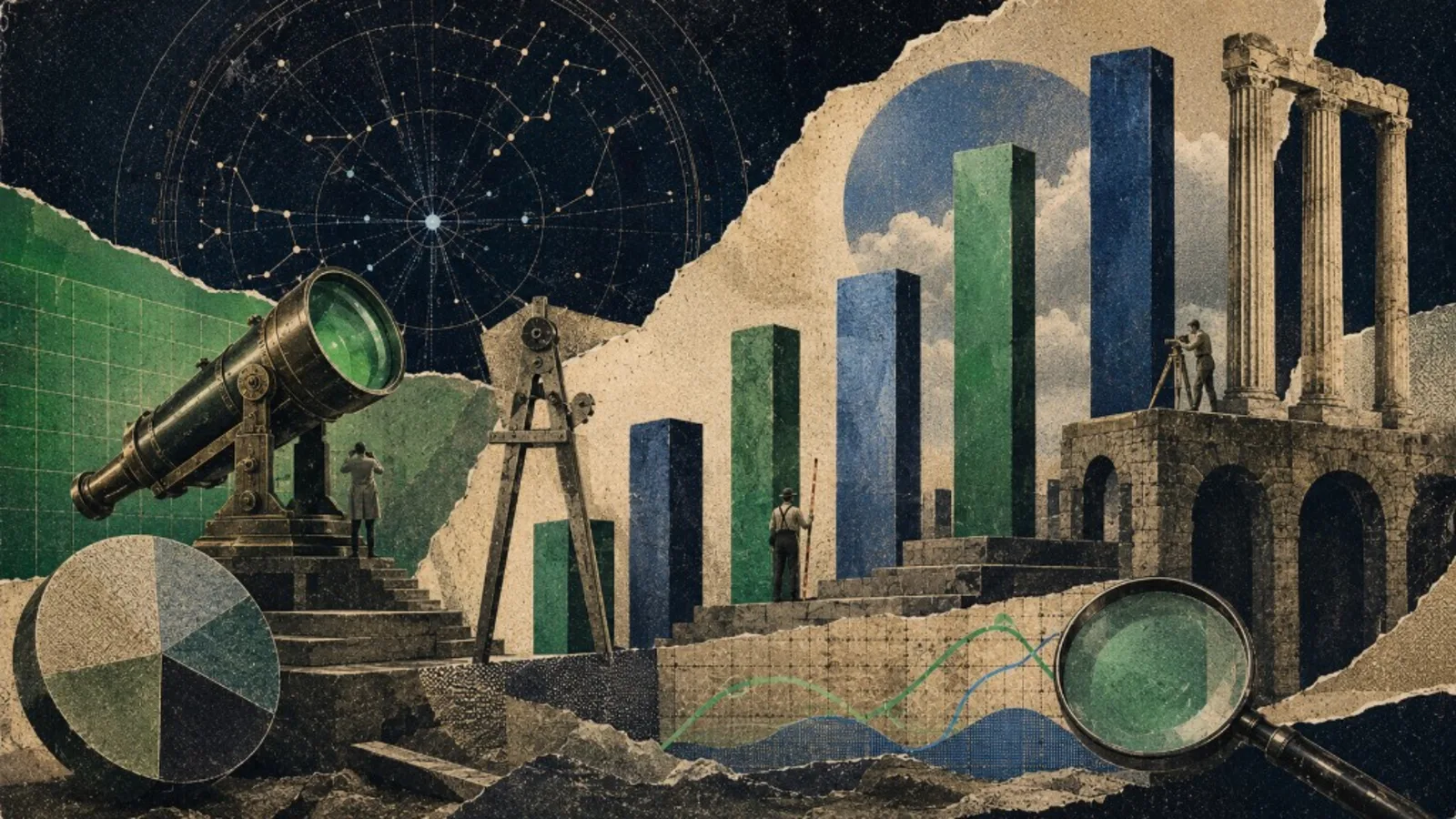 Editorial collage: observatory ruins for creator marketing benchmarks