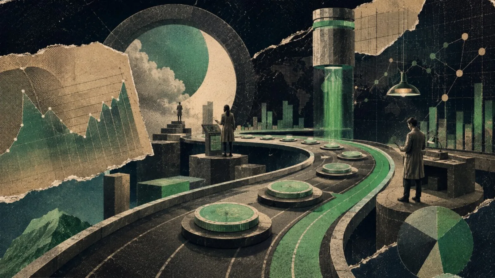 Editorial collage: coin path and performance track for CPC campaigns
