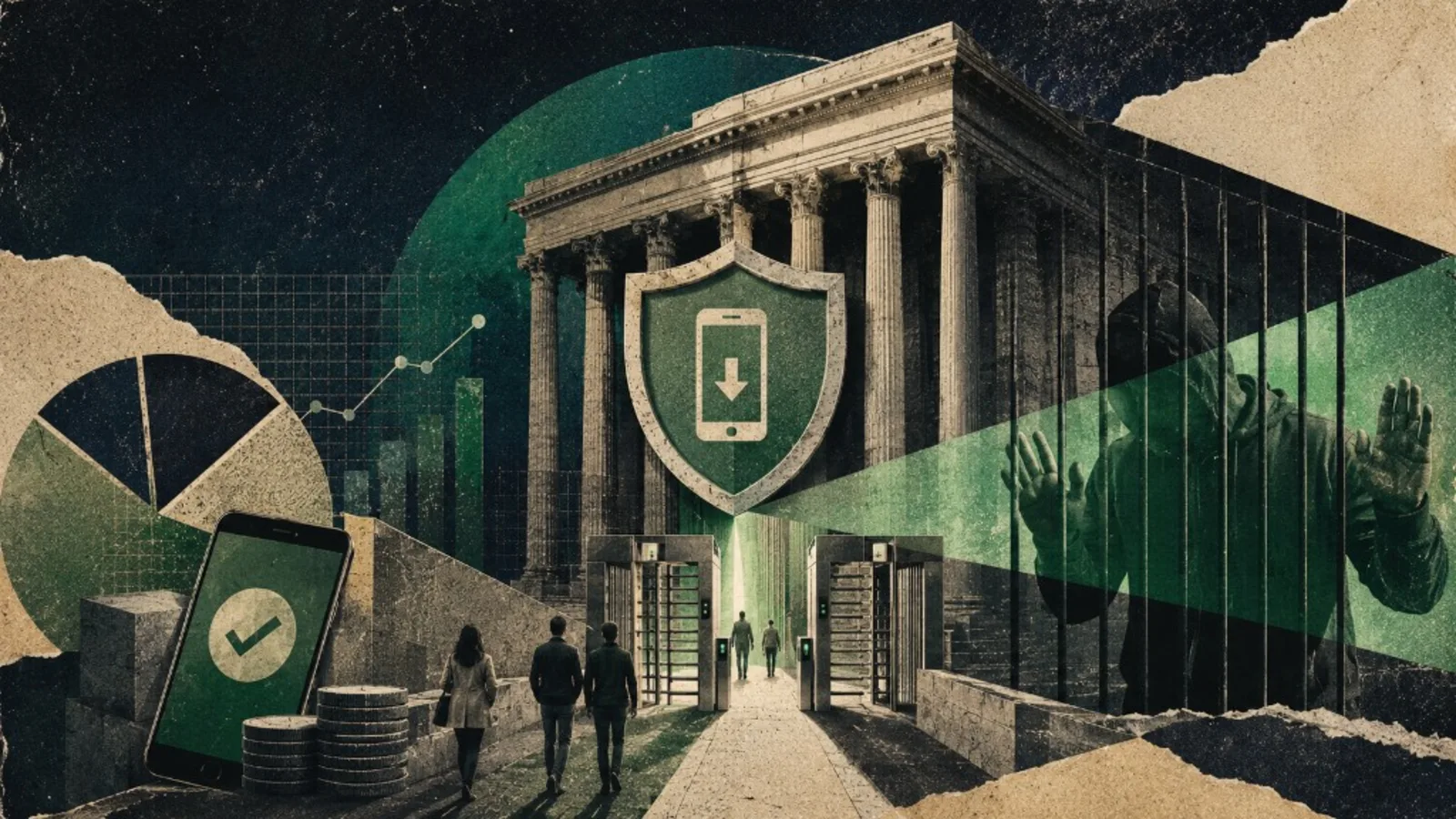 Editorial collage: institution vault for fintech creator marketing