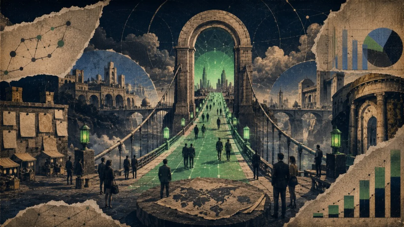 Editorial collage: bridges and bazaar for Pharoll Newsroom and B2B opportunities
