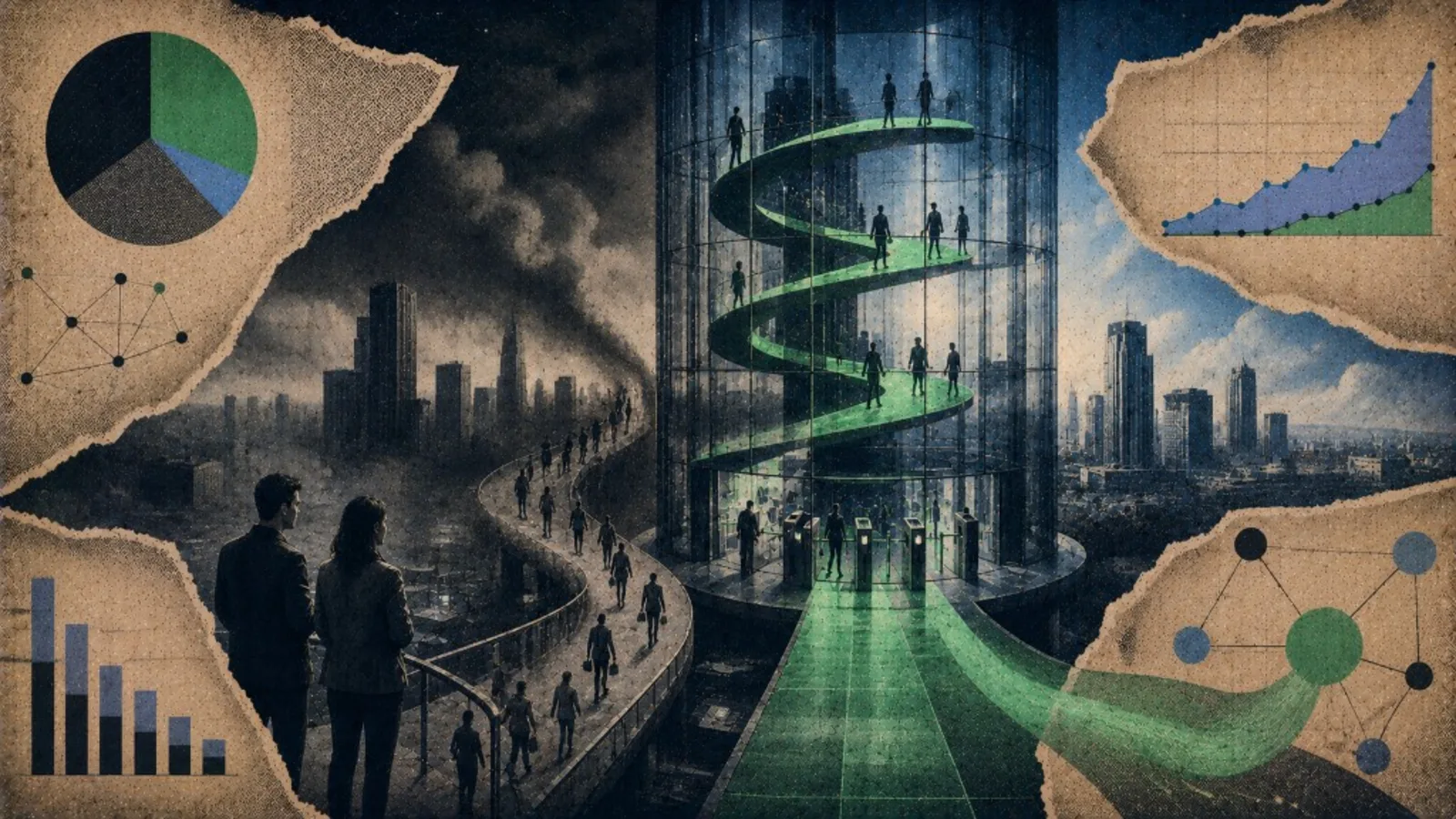 Editorial collage: trial pipeline tower for B2B SaaS campaign playbook