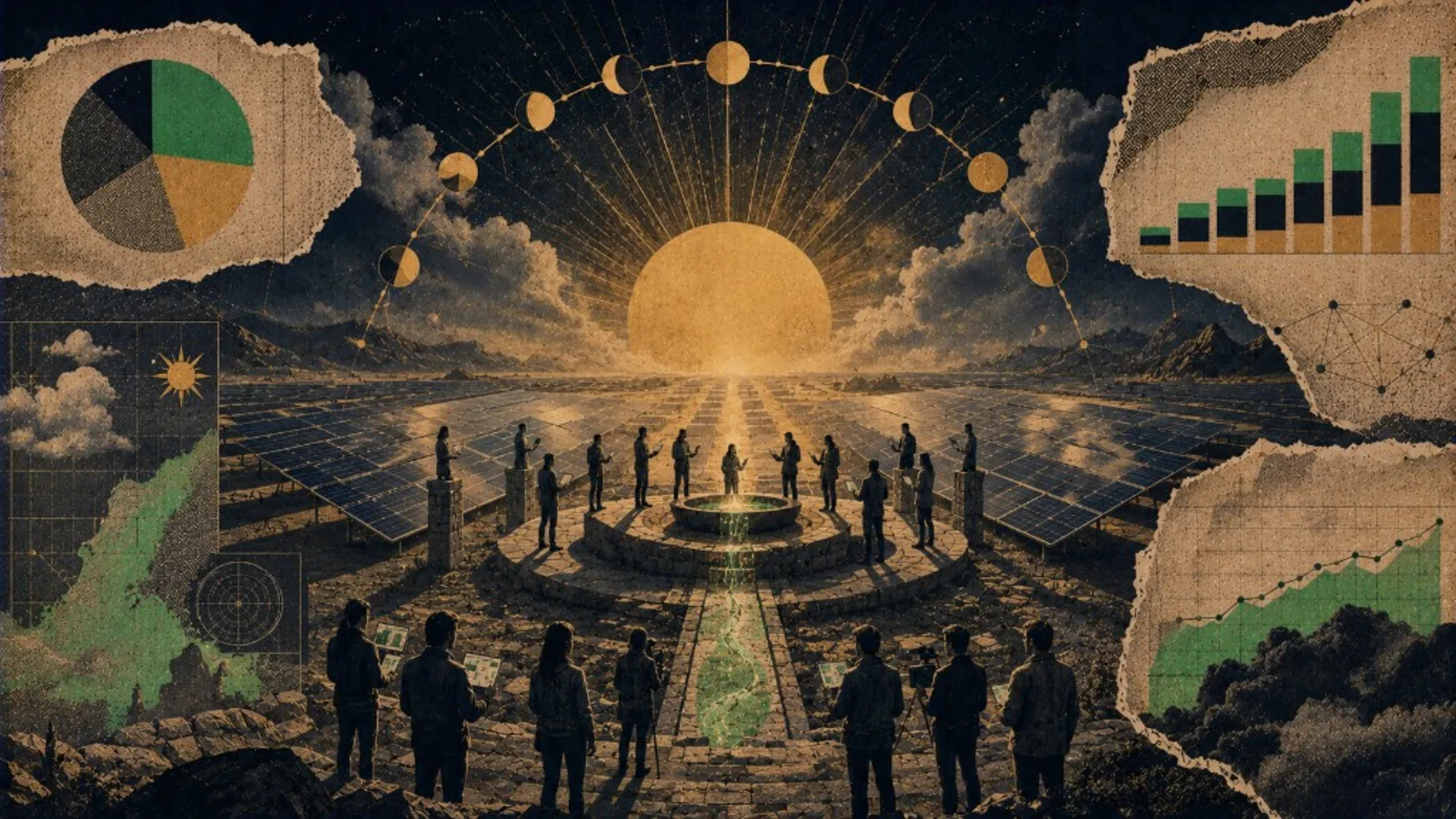 Editorial collage: solar field landscape for energy company campaign playbook
