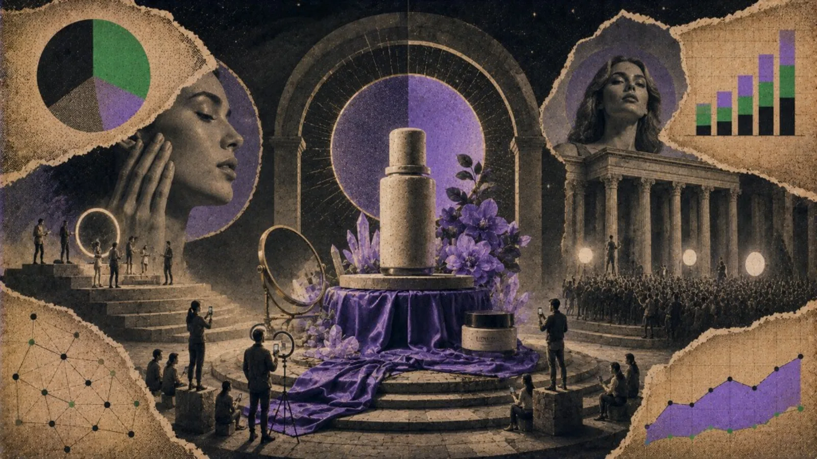 Editorial collage: product launch altar for skincare campaign playbook